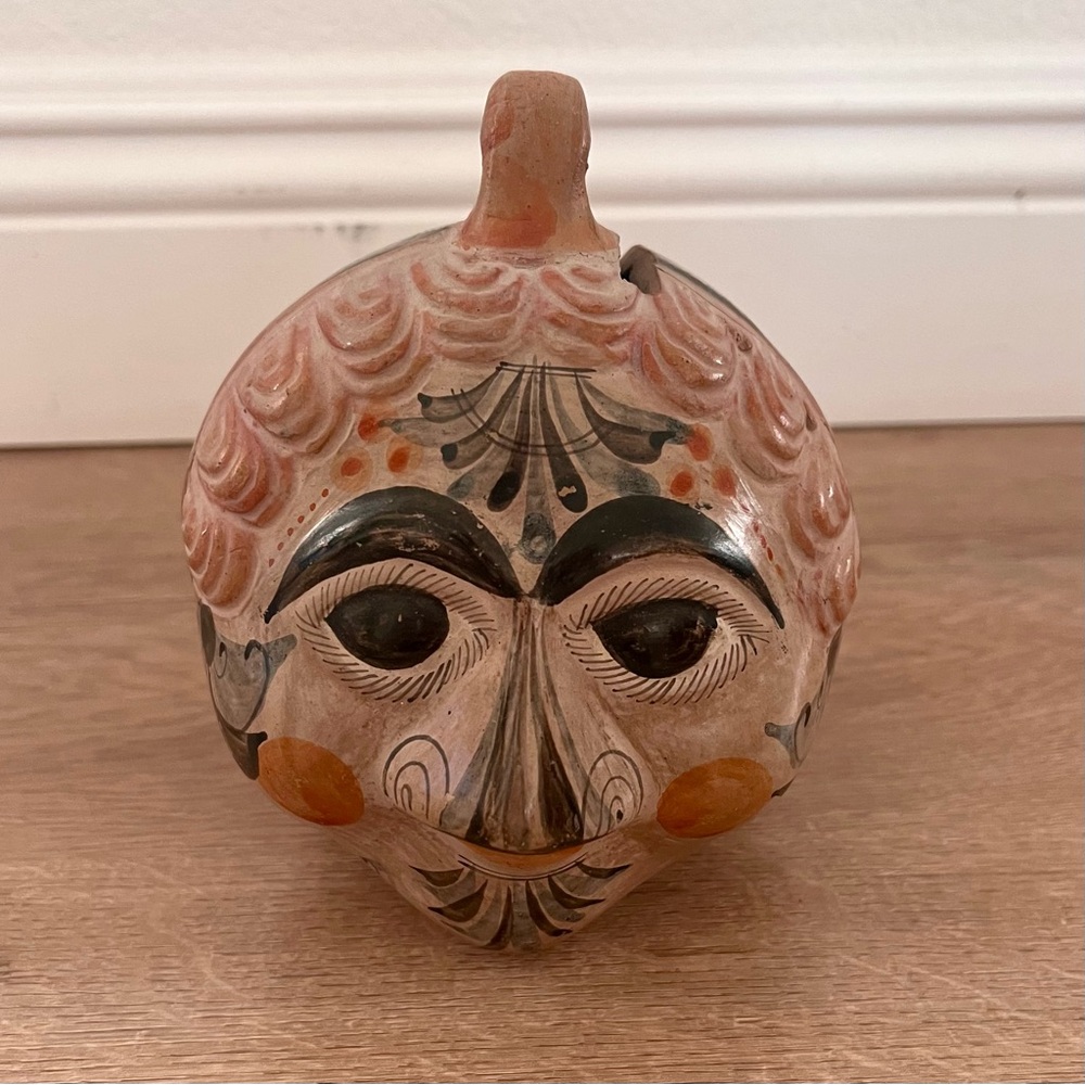 Mexican Face Coin Piggy Bank Tonala Folk Art Terra Cotta Pottery‎ 1920-50s Vtg